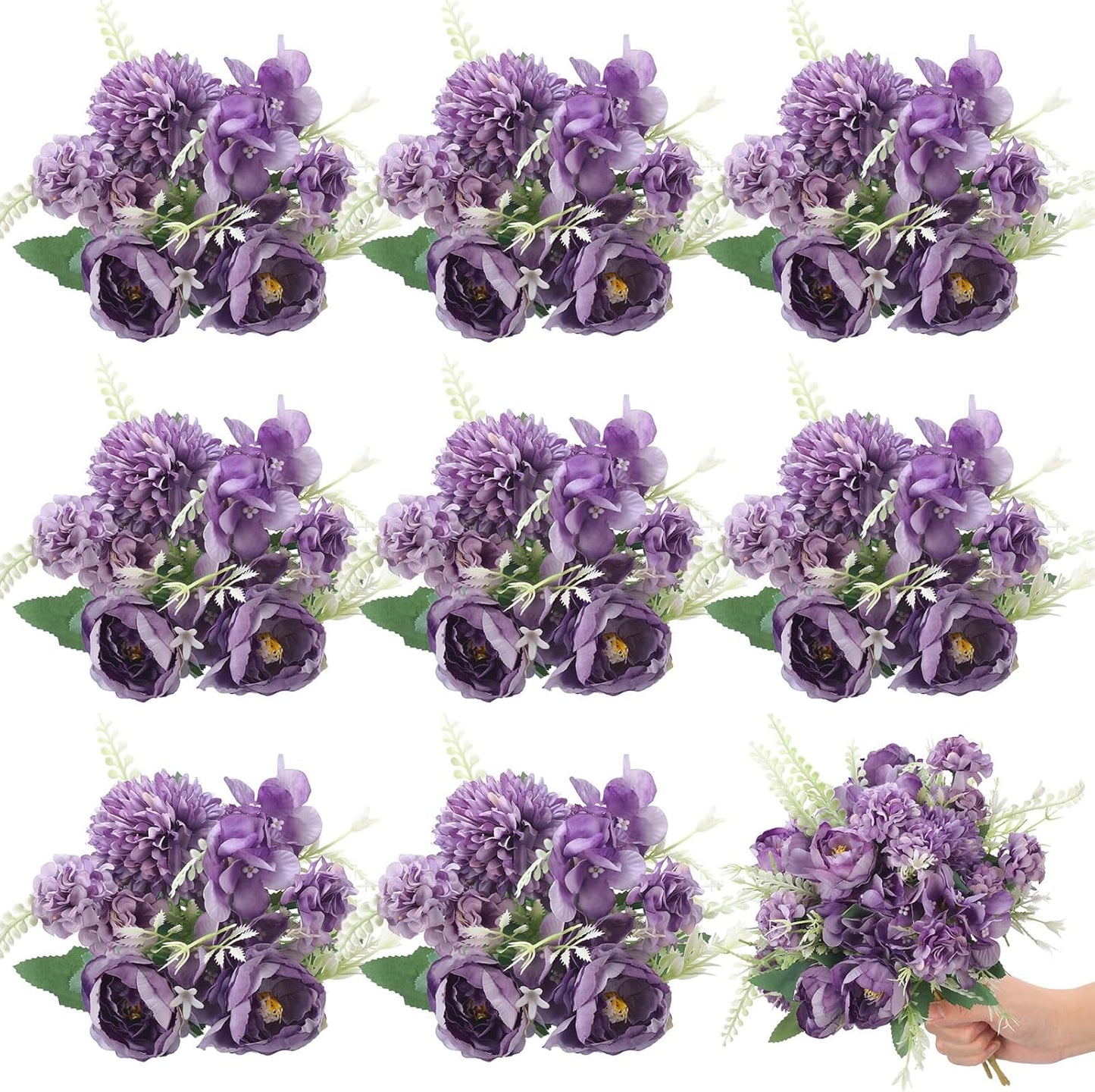 Artificial Peony Hydrangea Flowers Bouquets Realistic Silk Fake Flowers for Wedding Table Centerpieces Home Farmhouse Decor Faux Floral Arrangement for Bridal Party DIY(Gradiente Blue,8 Pcs)