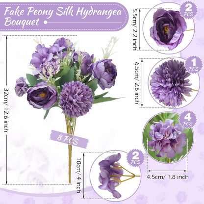Artificial Peony Hydrangea Flowers Bouquets Realistic Silk Fake Flowers for Wedding Table Centerpieces Home Farmhouse Decor Faux Floral Arrangement for Bridal Party DIY(Gradiente Blue,8 Pcs)