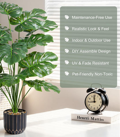 Fake Plants Monstera Plant, 28" Artificial Potted Plants Indoor with Black Gold Pot for Home Decor, Faux Plants Greenery for Living Room Bedroom Office Entryway Porch House Decoration