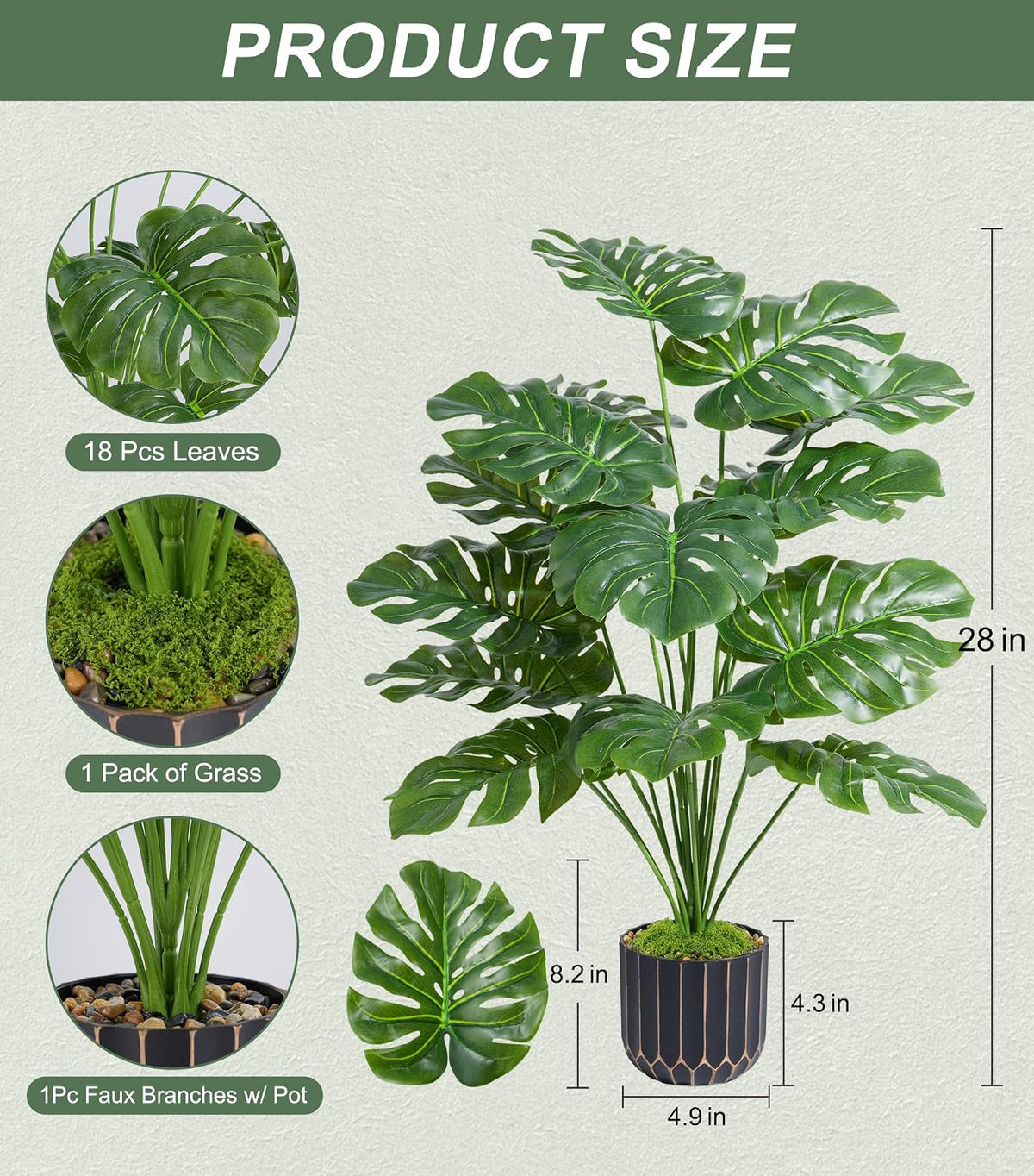 Fake Plants Monstera Plant, 28" Artificial Potted Plants Indoor with Black Gold Pot for Home Decor, Faux Plants Greenery for Living Room Bedroom Office Entryway Porch House Decoration