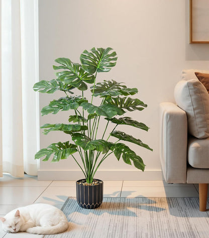 Fake Plants Monstera Plant, 28" Artificial Potted Plants Indoor with Black Gold Pot for Home Decor, Faux Plants Greenery for Living Room Bedroom Office Entryway Porch House Decoration