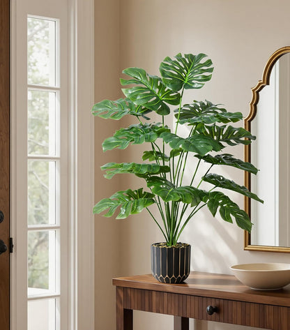 Fake Plants Monstera Plant, 28" Artificial Potted Plants Indoor with Black Gold Pot for Home Decor, Faux Plants Greenery for Living Room Bedroom Office Entryway Porch House Decoration
