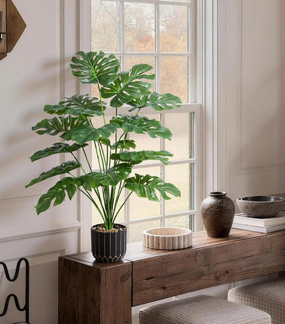 Fake Plants Monstera Plant, 28" Artificial Potted Plants Indoor with Black Gold Pot for Home Decor, Faux Plants Greenery for Living Room Bedroom Office Entryway Porch House Decoration