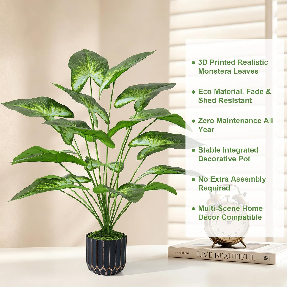 Fake Plants Monstera Plant, 28" Artificial Potted Plants Indoor with Black Gold Pot for Home Decor, Faux Plants Greenery for Living Room Bedroom Office Entryway Porch House Decoration