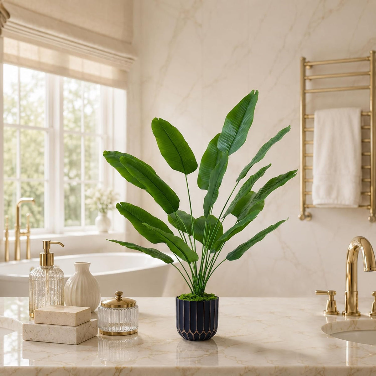 Fake Plants Monstera Plant, 28" Artificial Potted Plants Indoor with Black Gold Pot for Home Decor, Faux Plants Greenery for Living Room Bedroom Office Entryway Porch House Decoration