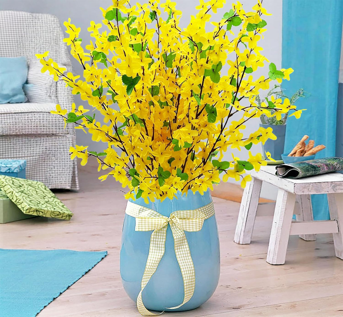 10PCS Artificial Forsythia Flowers Fake Forsythia Stem 25.5" Silk Yellow Winter Jasmine Branches Artificial Orchids Flower for Home Table Wedding Graveyard Kitchen Office Decoration.