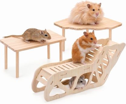 3-Piece Hamster Wood Platform Set with Tunnel Hideout, Natural Cage Accessories with Hides, Food & Water Stations, Climbing & Burrowing for Dwarf, Syrian Hamsters, Mice & Gerbils