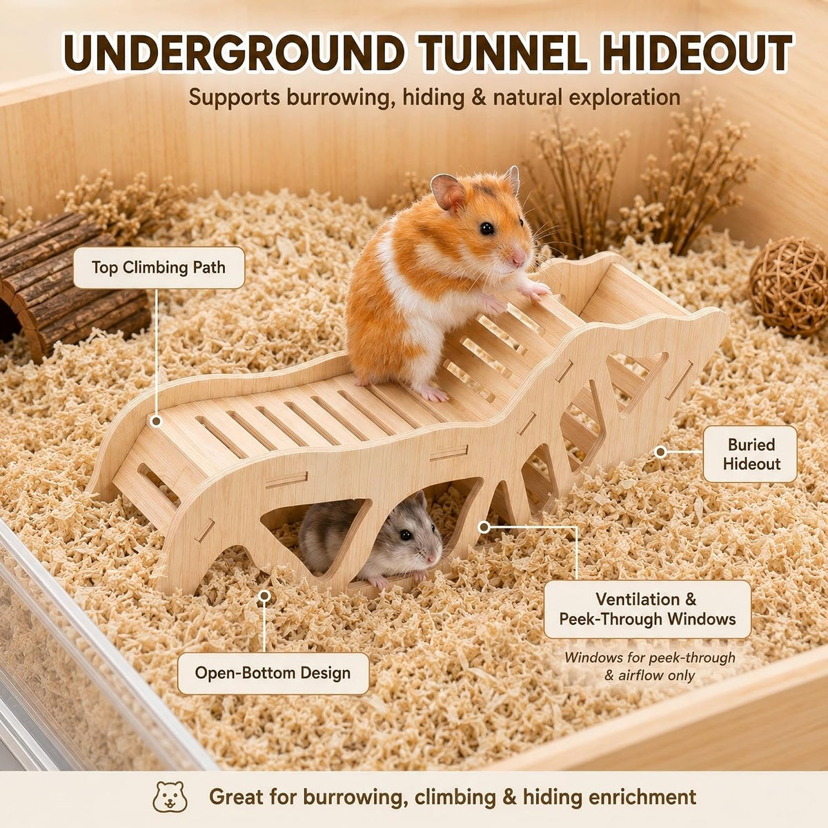 3-Piece Hamster Wood Platform Set with Tunnel Hideout, Natural Cage Accessories with Hides, Food & Water Stations, Climbing & Burrowing for Dwarf, Syrian Hamsters, Mice & Gerbils