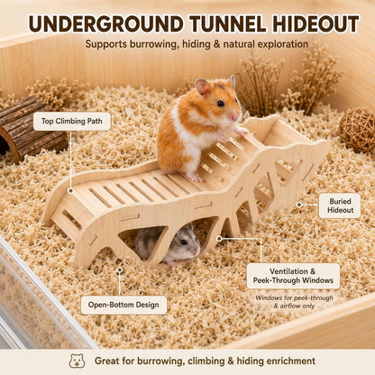 3-Piece Hamster Wood Platform Set with Tunnel Hideout, Natural Cage Accessories with Hides, Food & Water Stations, Climbing & Burrowing for Dwarf, Syrian Hamsters, Mice & Gerbils