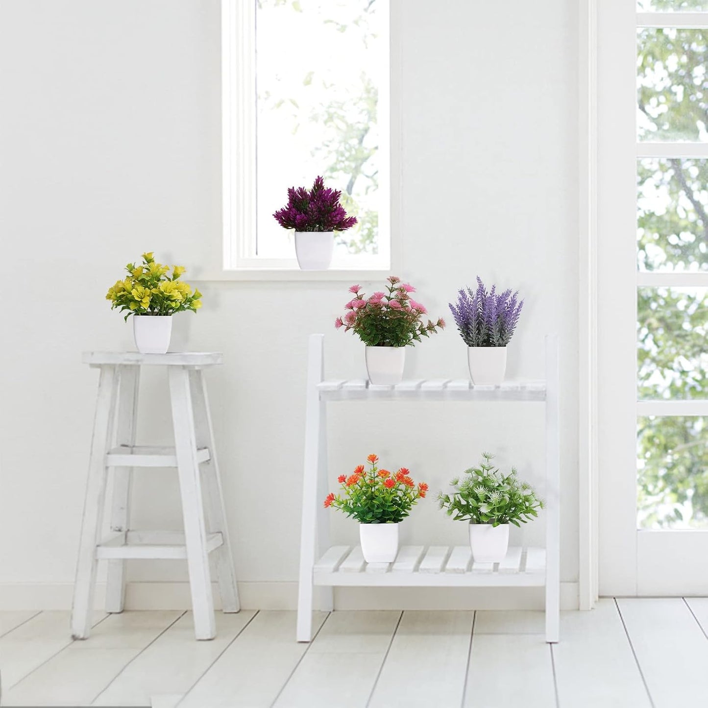 6 Pack Small Fake Plants Mini Artificial Faux Flowers with Pot Mini Potted Plants for House Office Desk Tabletop Decoration