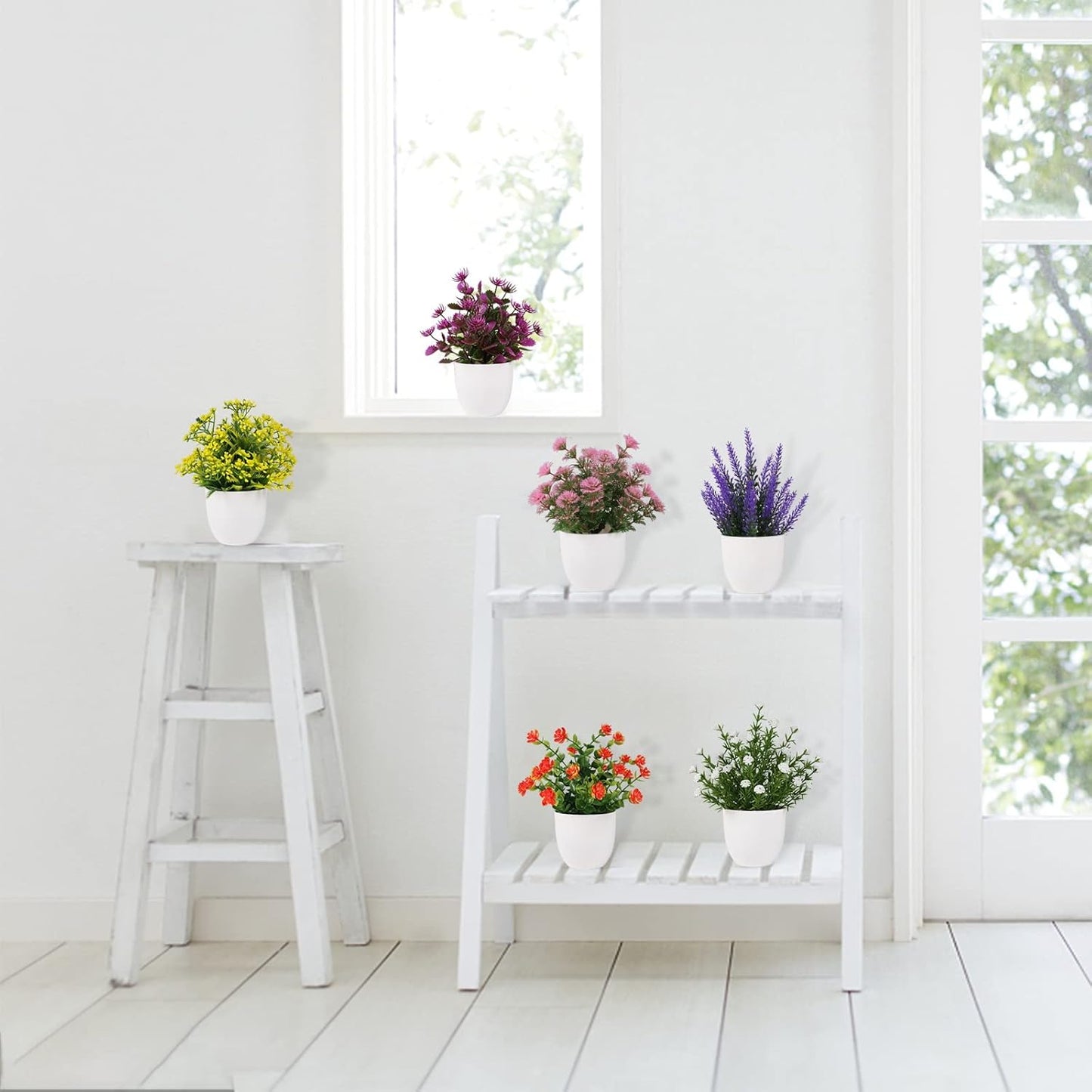 6 Pack Small Fake Plants Mini Artificial Faux Flowers with Pot Mini Potted Plants for House Office Desk Tabletop Decoration