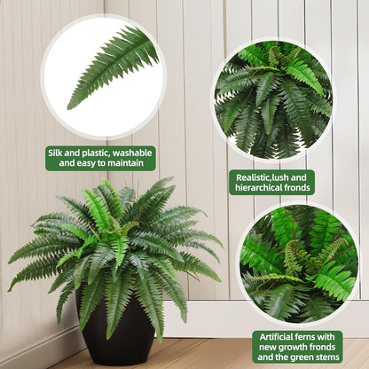 38" Artificial Boston Ferns Bush Plants, Set of 2, Large Faux Ferns Hanging Decor with 47 Fronds, Fake Vines Indoor Or Outdoors Planter for Home and Office Decor