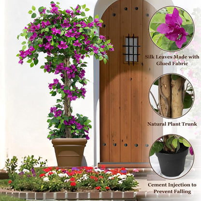5FT Bougainvillea Artificial Tree for Outdoors or Indoors | Faux Bougainvillea Tree Realistic Wood with Flowers in Plastic Pot front porch plants, Home, Office, Purple