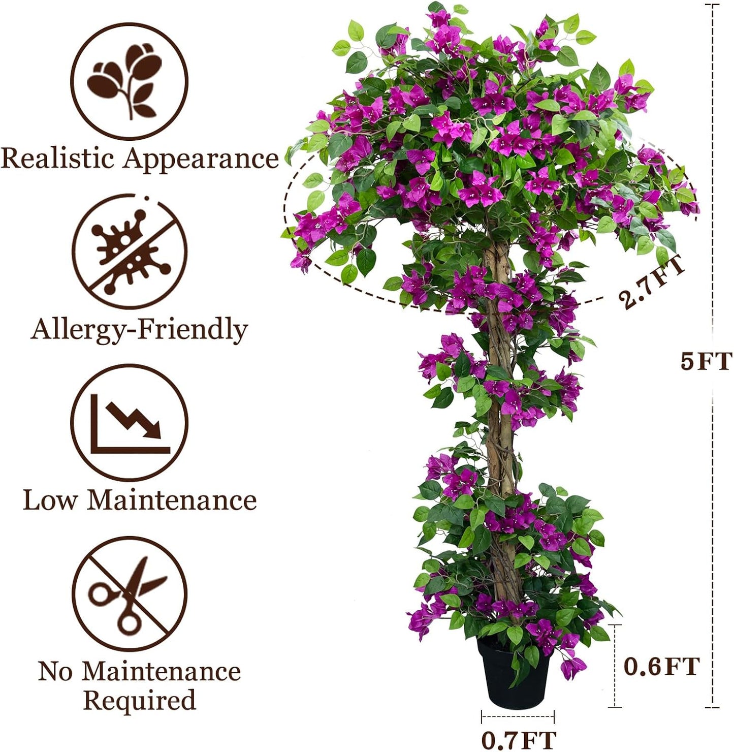 5FT Bougainvillea Artificial Tree for Outdoors or Indoors | Faux Bougainvillea Tree Realistic Wood with Flowers in Plastic Pot front porch plants, Home, Office, Purple