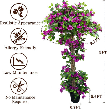 5FT Bougainvillea Artificial Tree for Outdoors or Indoors | Faux Bougainvillea Tree Realistic Wood with Flowers in Plastic Pot front porch plants, Home, Office, Purple