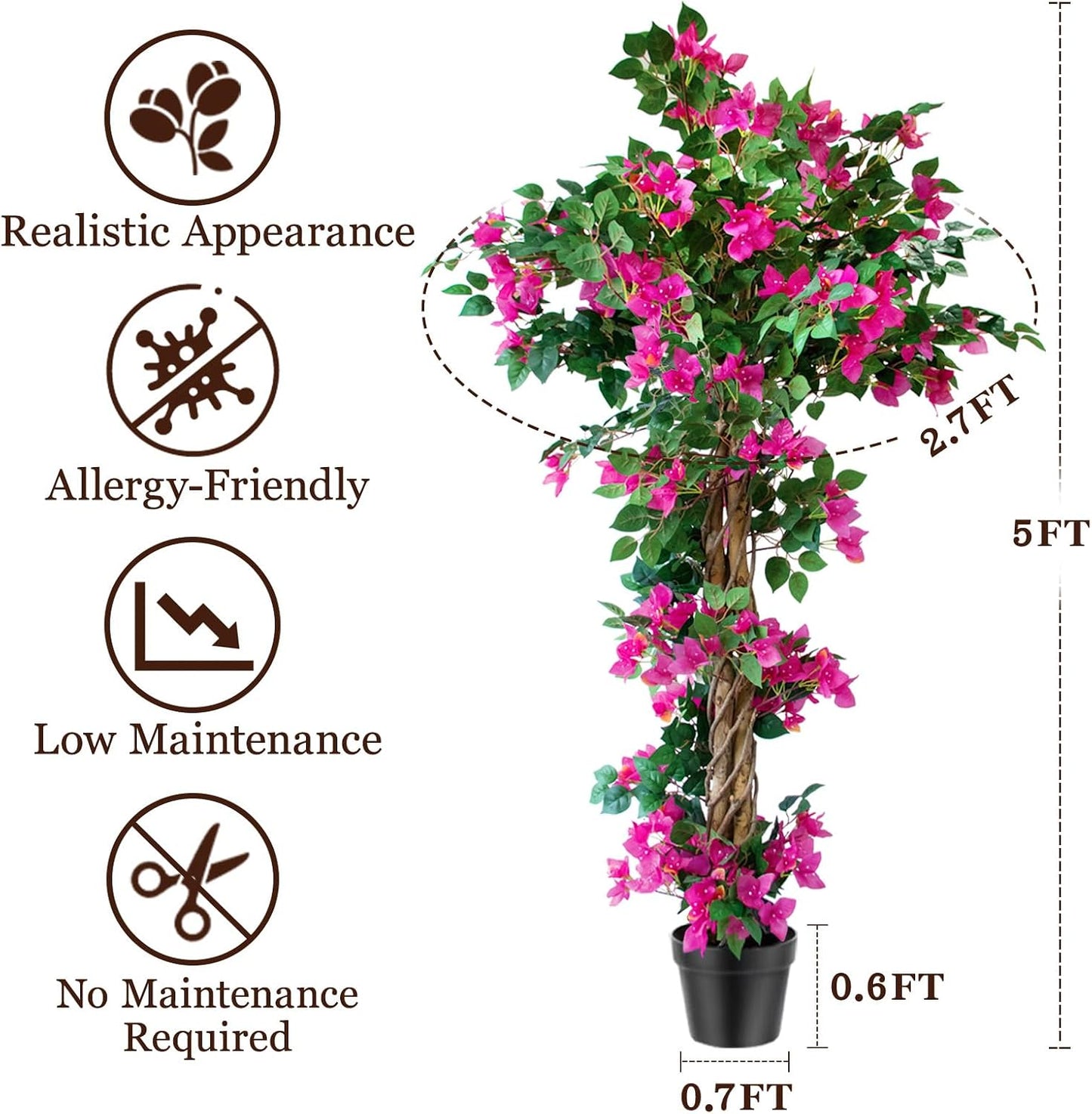 5FT Bougainvillea Artificial Tree for Outdoors or Indoors | Faux Bougainvillea Tree Realistic Wood with Flowers in Plastic Pot front porch plants, Home, Office, Purple