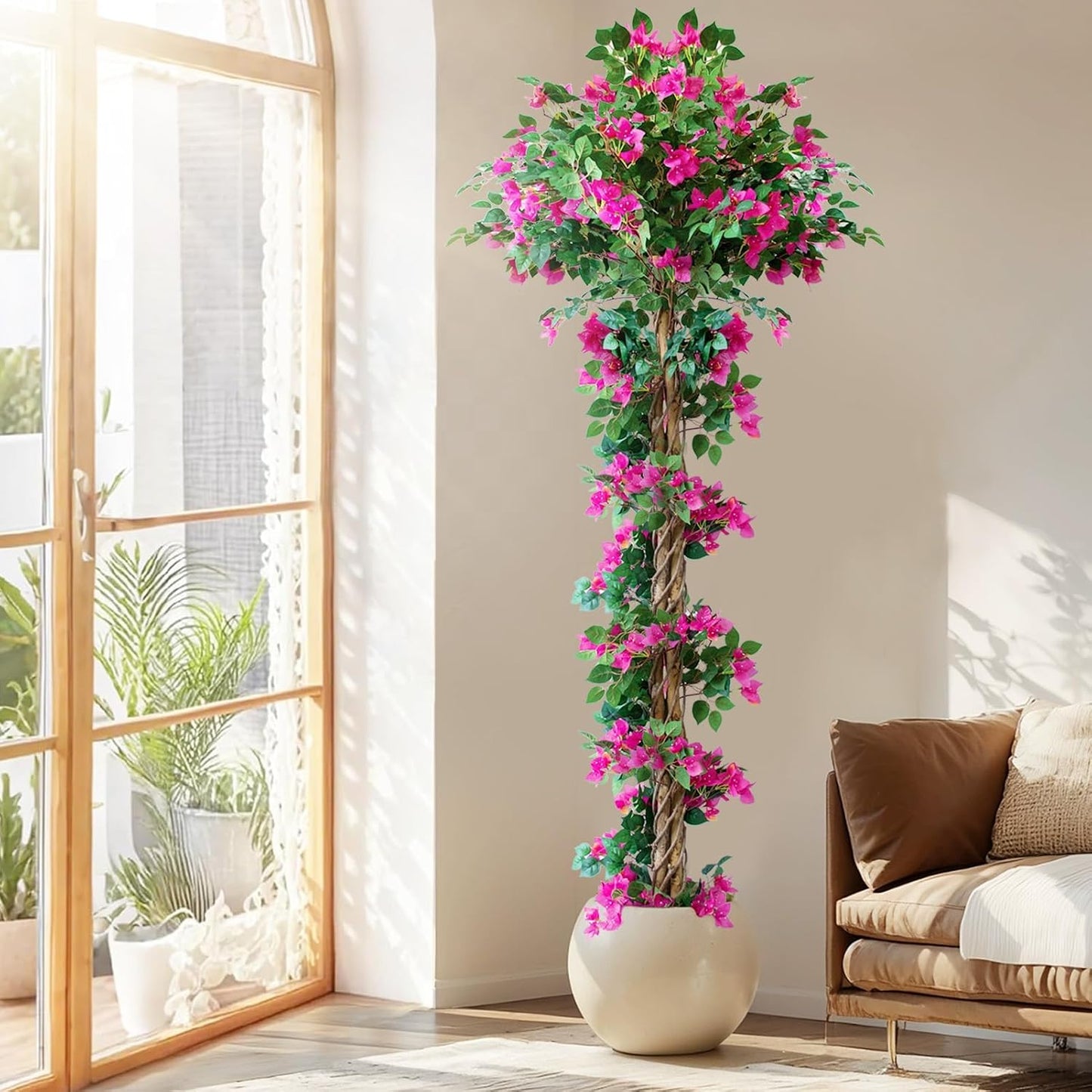5FT Bougainvillea Artificial Tree for Outdoors or Indoors | Faux Bougainvillea Tree Realistic Wood with Flowers in Plastic Pot front porch plants, Home, Office, Purple
