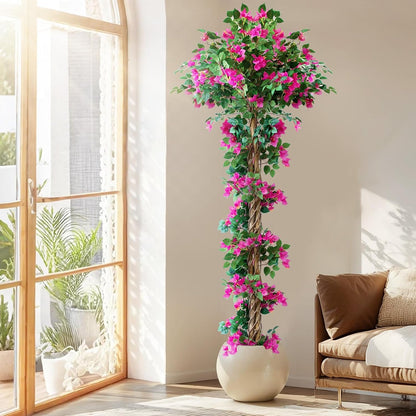 5FT Bougainvillea Artificial Tree for Outdoors or Indoors | Faux Bougainvillea Tree Realistic Wood with Flowers in Plastic Pot front porch plants, Home, Office, Purple