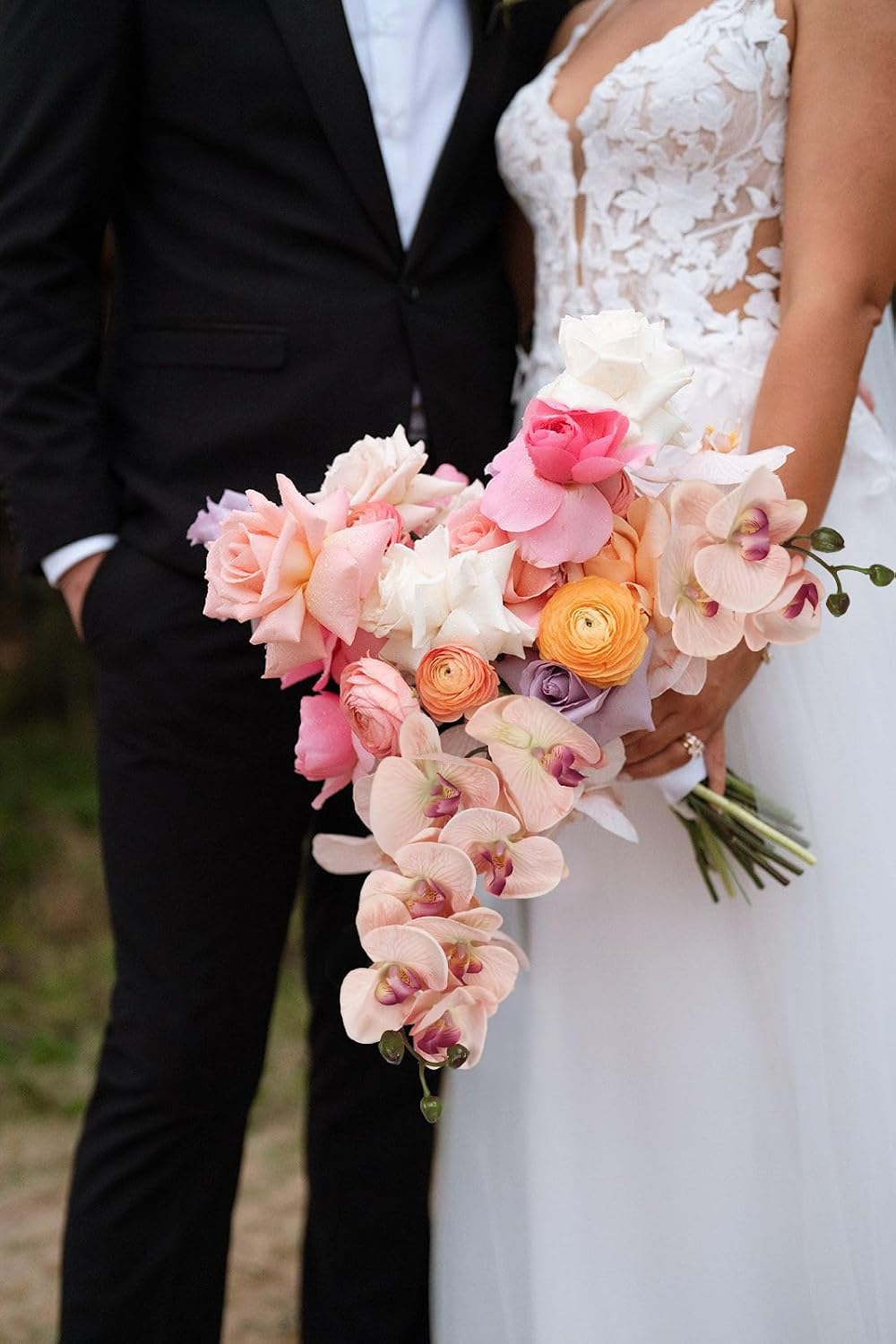 2pcs Champagne Pink Orchid Artificial Flowers, 34.3" Real Touch Fake Orchid Latex Phalaenopsis Branches for Home Party Wedding Bridal Shower Decoration