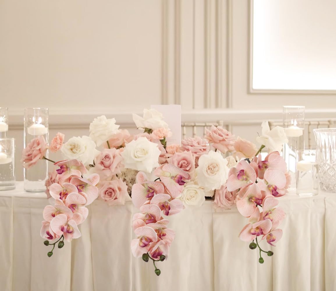 2pcs Champagne Pink Orchid Artificial Flowers, 34.3" Real Touch Fake Orchid Latex Phalaenopsis Branches for Home Party Wedding Bridal Shower Decoration