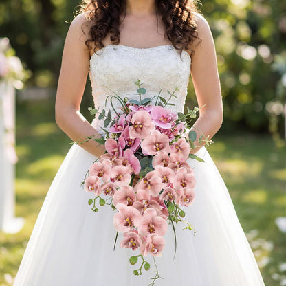 2pcs Champagne Pink Orchid Artificial Flowers, 34.3" Real Touch Fake Orchid Latex Phalaenopsis Branches for Home Party Wedding Bridal Shower Decoration