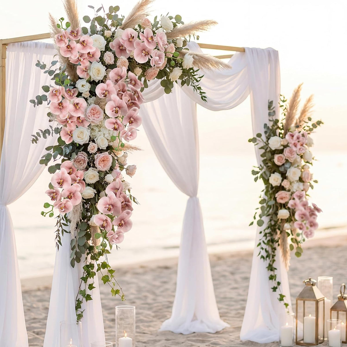 2pcs Champagne Pink Orchid Artificial Flowers, 34.3" Real Touch Fake Orchid Latex Phalaenopsis Branches for Home Party Wedding Bridal Shower Decoration