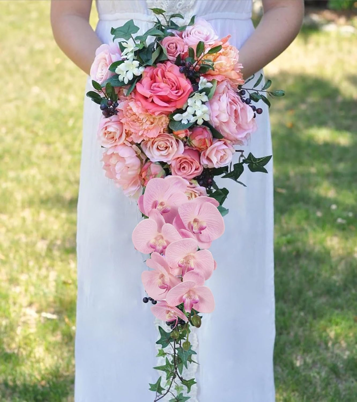 2pcs Champagne Pink Orchid Artificial Flowers, 34.3" Real Touch Fake Orchid Latex Phalaenopsis Branches for Home Party Wedding Bridal Shower Decoration