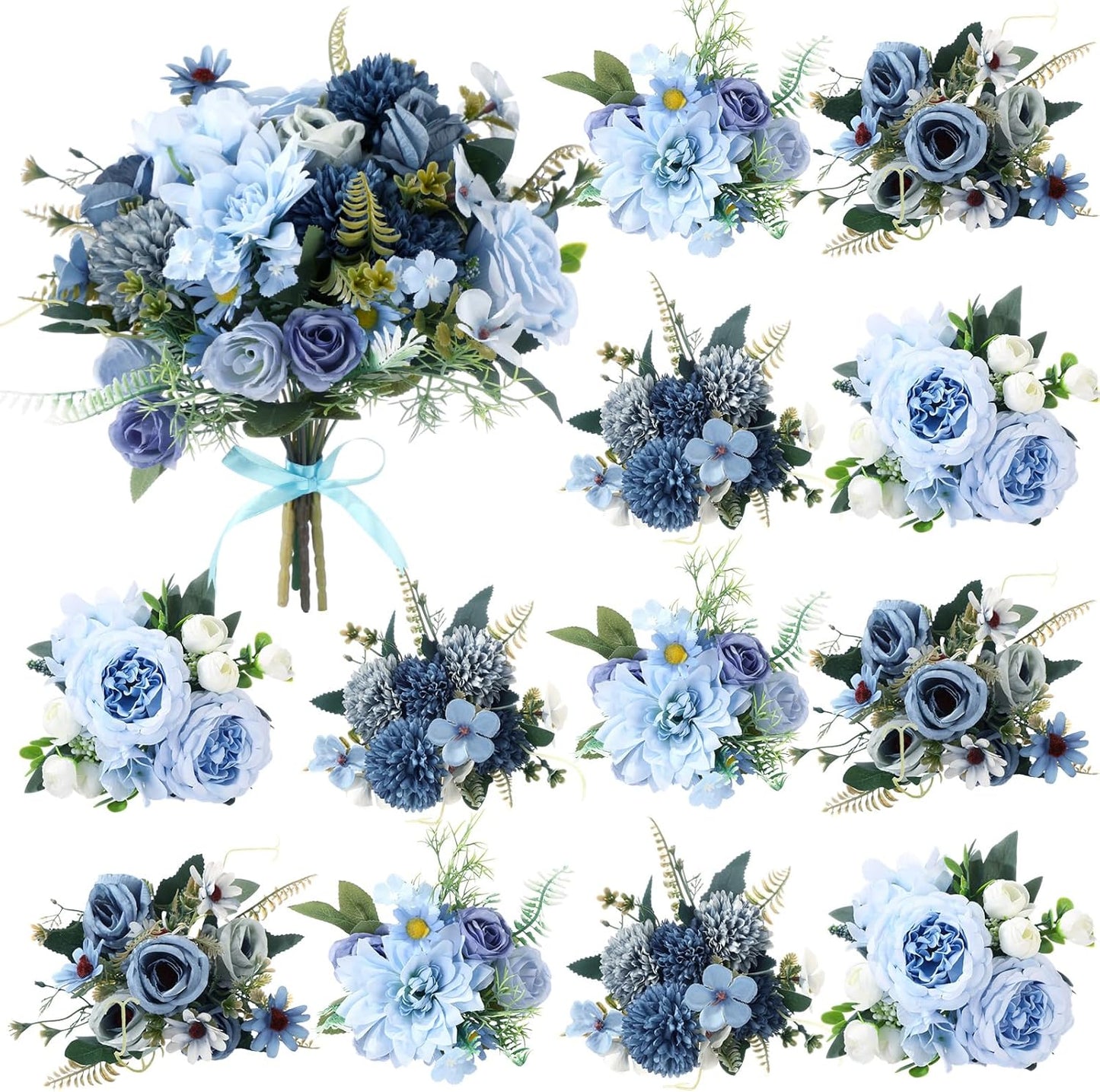 8 Pcs Gradient Blue Artificial Flowers Bouquet Peonies Silk Dahlia Faux Rose Fake Chamomile Hydrangea Floral Arrangements Bulk for Home Vase Wedding Party Table Centerpiece
