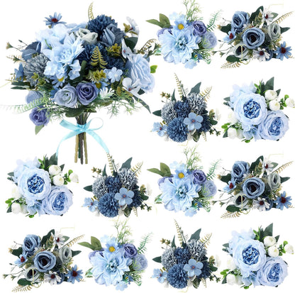 8 Pcs Gradient Blue Artificial Flowers Bouquet Peonies Silk Dahlia Faux Rose Fake Chamomile Hydrangea Floral Arrangements Bulk for Home Vase Wedding Party Table Centerpiece