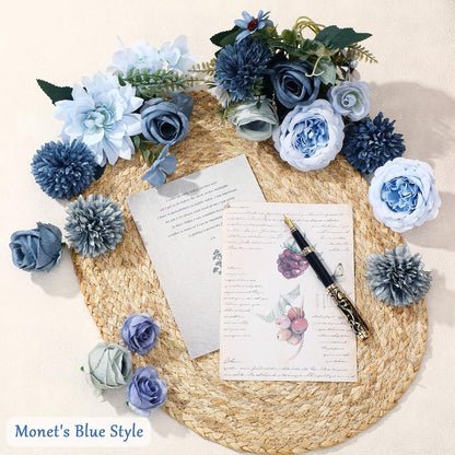 8 Pcs Gradient Blue Artificial Flowers Bouquet Peonies Silk Dahlia Faux Rose Fake Chamomile Hydrangea Floral Arrangements Bulk for Home Vase Wedding Party Table Centerpiece