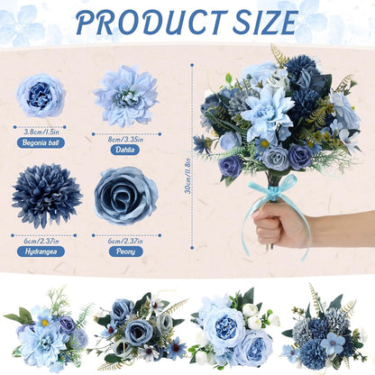 8 Pcs Gradient Blue Artificial Flowers Bouquet Peonies Silk Dahlia Faux Rose Fake Chamomile Hydrangea Floral Arrangements Bulk for Home Vase Wedding Party Table Centerpiece