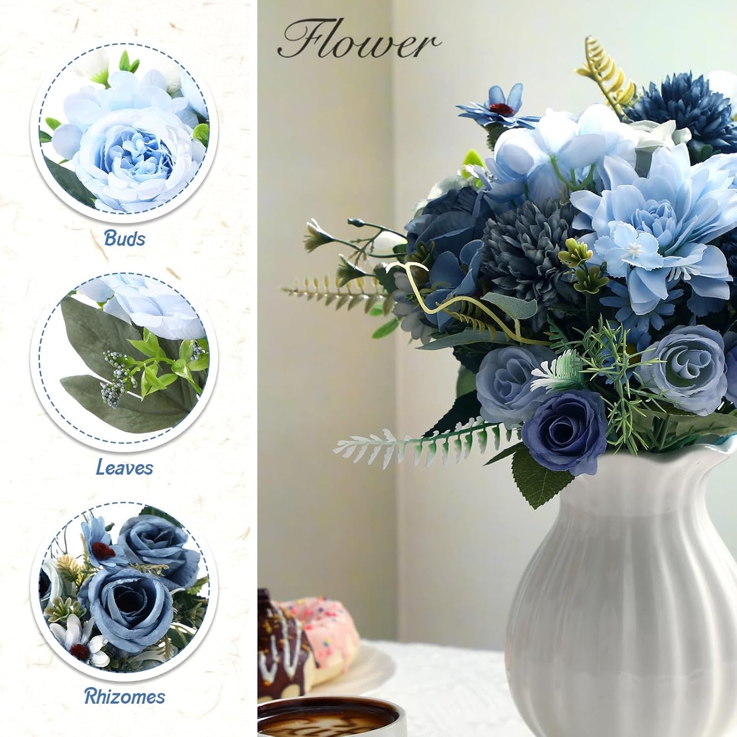 8 Pcs Gradient Blue Artificial Flowers Bouquet Peonies Silk Dahlia Faux Rose Fake Chamomile Hydrangea Floral Arrangements Bulk for Home Vase Wedding Party Table Centerpiece