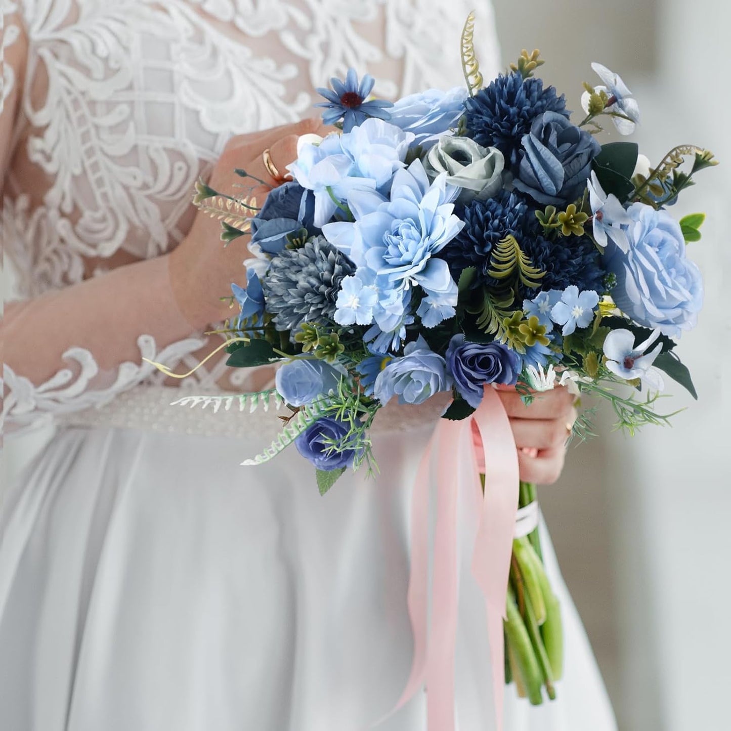 8 Pcs Gradient Blue Artificial Flowers Bouquet Peonies Silk Dahlia Faux Rose Fake Chamomile Hydrangea Floral Arrangements Bulk for Home Vase Wedding Party Table Centerpiece