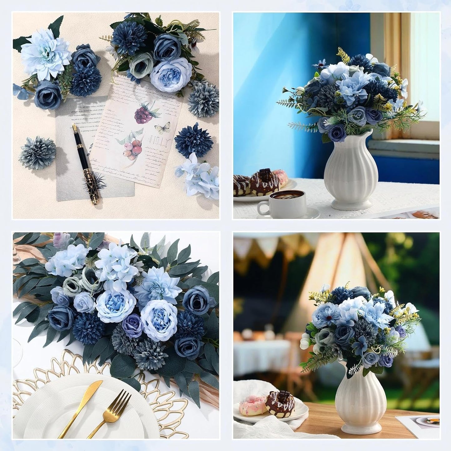 8 Pcs Gradient Blue Artificial Flowers Bouquet Peonies Silk Dahlia Faux Rose Fake Chamomile Hydrangea Floral Arrangements Bulk for Home Vase Wedding Party Table Centerpiece