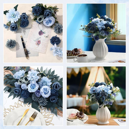 8 Pcs Gradient Blue Artificial Flowers Bouquet Peonies Silk Dahlia Faux Rose Fake Chamomile Hydrangea Floral Arrangements Bulk for Home Vase Wedding Party Table Centerpiece