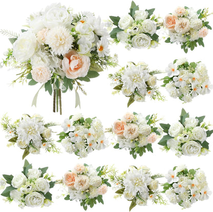 8 Pcs Gradient Blue Artificial Flowers Bouquet Peonies Silk Dahlia Faux Rose Fake Chamomile Hydrangea Floral Arrangements Bulk for Home Vase Wedding Party Table Centerpiece