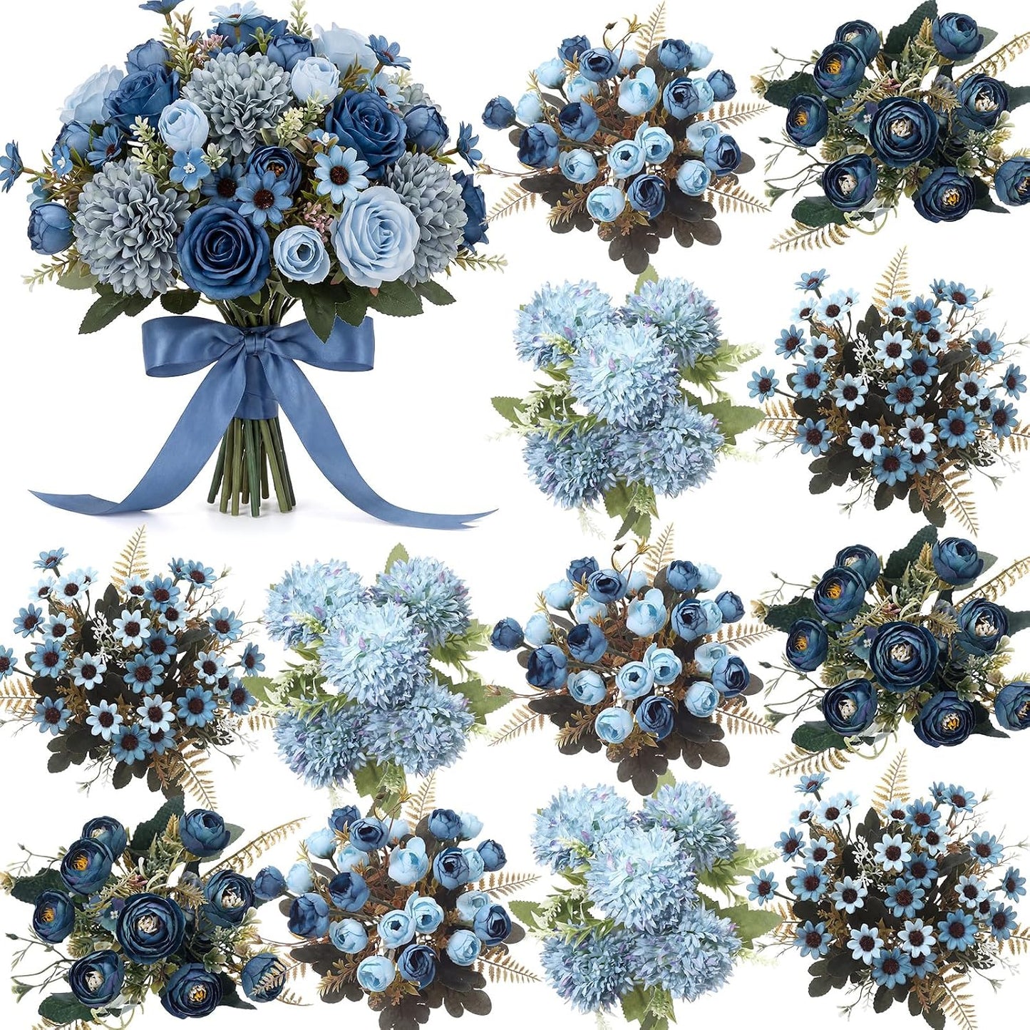 8 Pcs Gradient Blue Artificial Flowers Bouquet Peonies Silk Dahlia Faux Rose Fake Chamomile Hydrangea Floral Arrangements Bulk for Home Vase Wedding Party Table Centerpiece