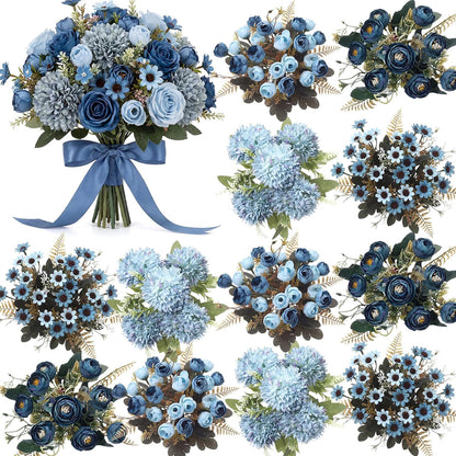 8 Pcs Gradient Blue Artificial Flowers Bouquet Peonies Silk Dahlia Faux Rose Fake Chamomile Hydrangea Floral Arrangements Bulk for Home Vase Wedding Party Table Centerpiece