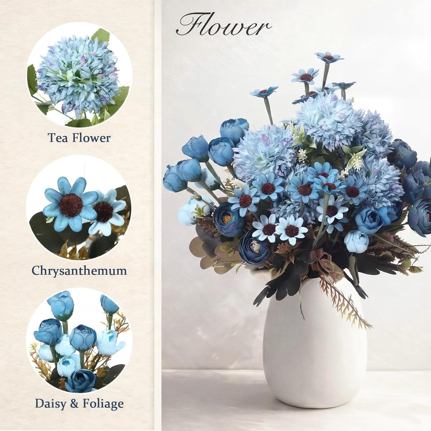 8 Pcs Gradient Blue Artificial Flowers Bouquet Peonies Silk Dahlia Faux Rose Fake Chamomile Hydrangea Floral Arrangements Bulk for Home Vase Wedding Party Table Centerpiece