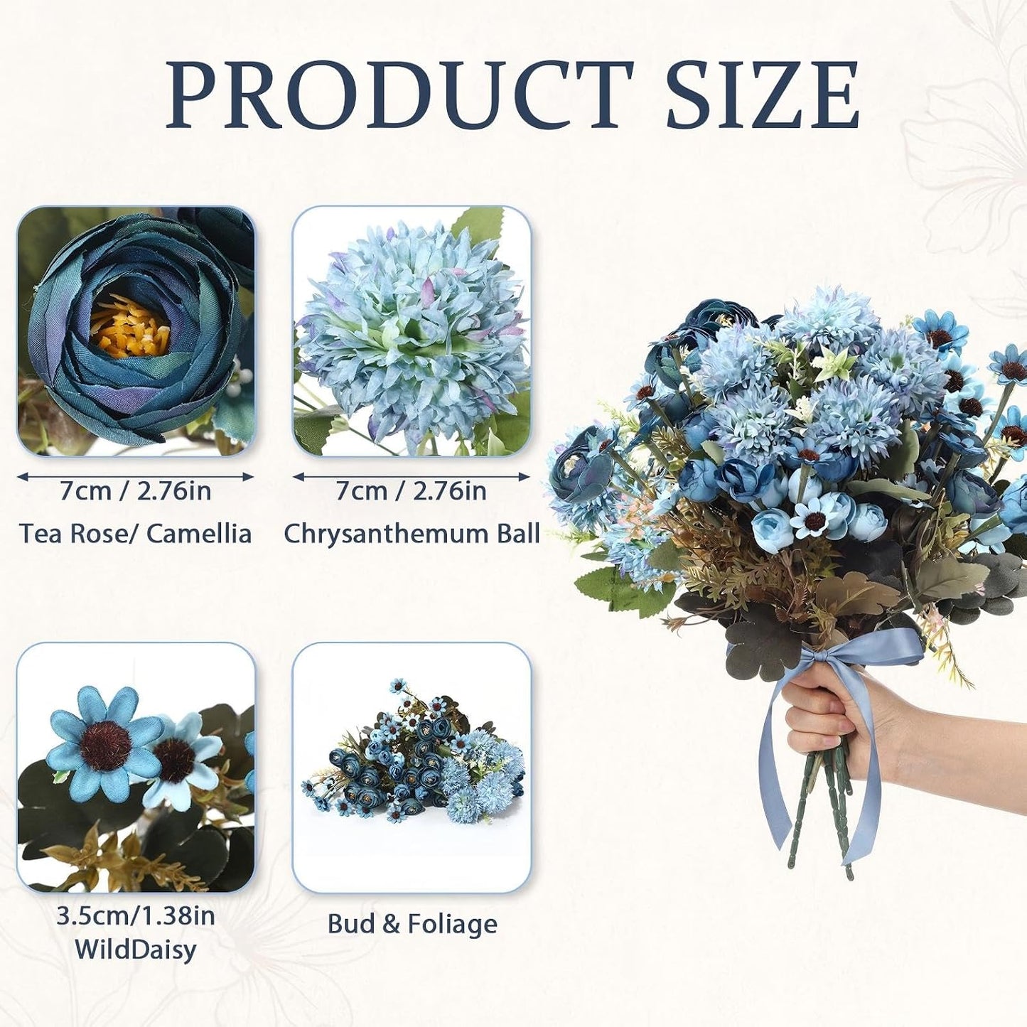 8 Pcs Gradient Blue Artificial Flowers Bouquet Peonies Silk Dahlia Faux Rose Fake Chamomile Hydrangea Floral Arrangements Bulk for Home Vase Wedding Party Table Centerpiece