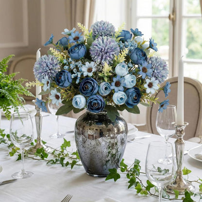8 Pcs Gradient Blue Artificial Flowers Bouquet Peonies Silk Dahlia Faux Rose Fake Chamomile Hydrangea Floral Arrangements Bulk for Home Vase Wedding Party Table Centerpiece
