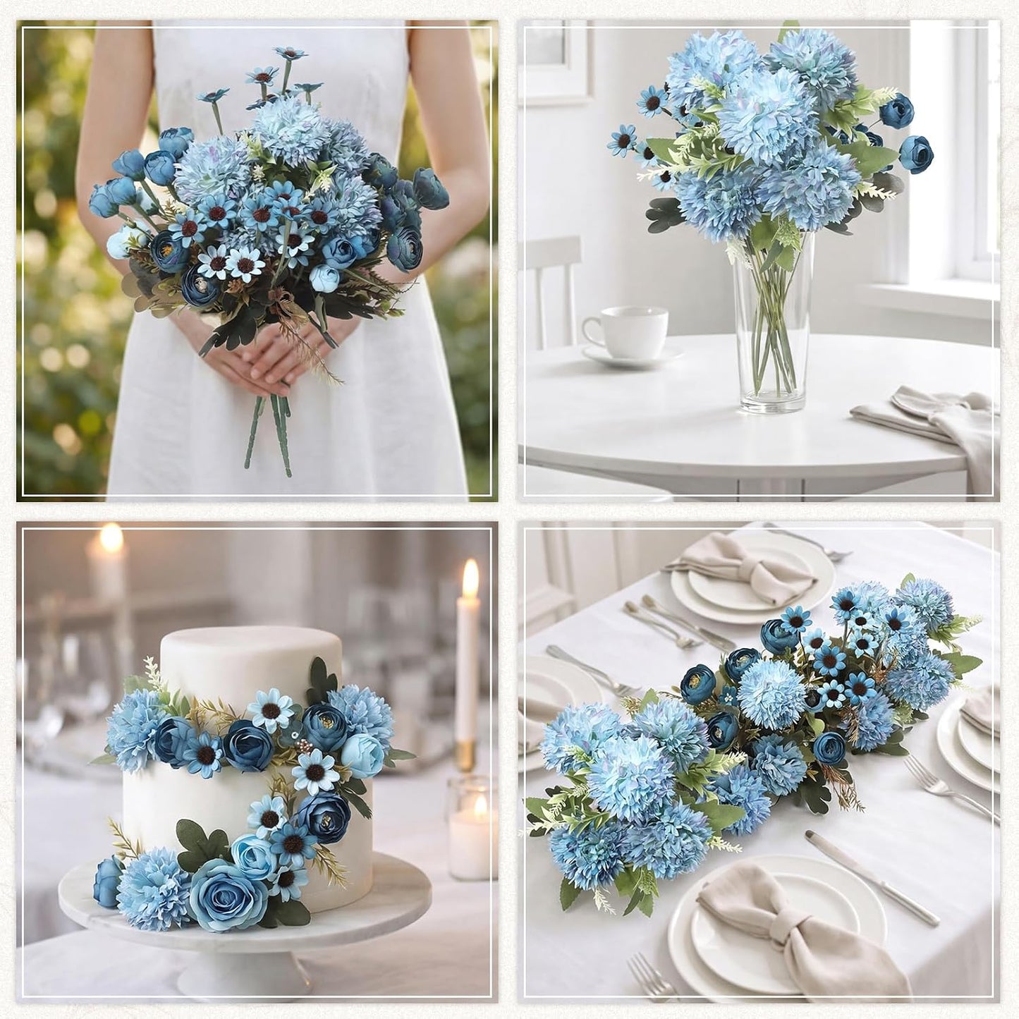 8 Pcs Gradient Blue Artificial Flowers Bouquet Peonies Silk Dahlia Faux Rose Fake Chamomile Hydrangea Floral Arrangements Bulk for Home Vase Wedding Party Table Centerpiece