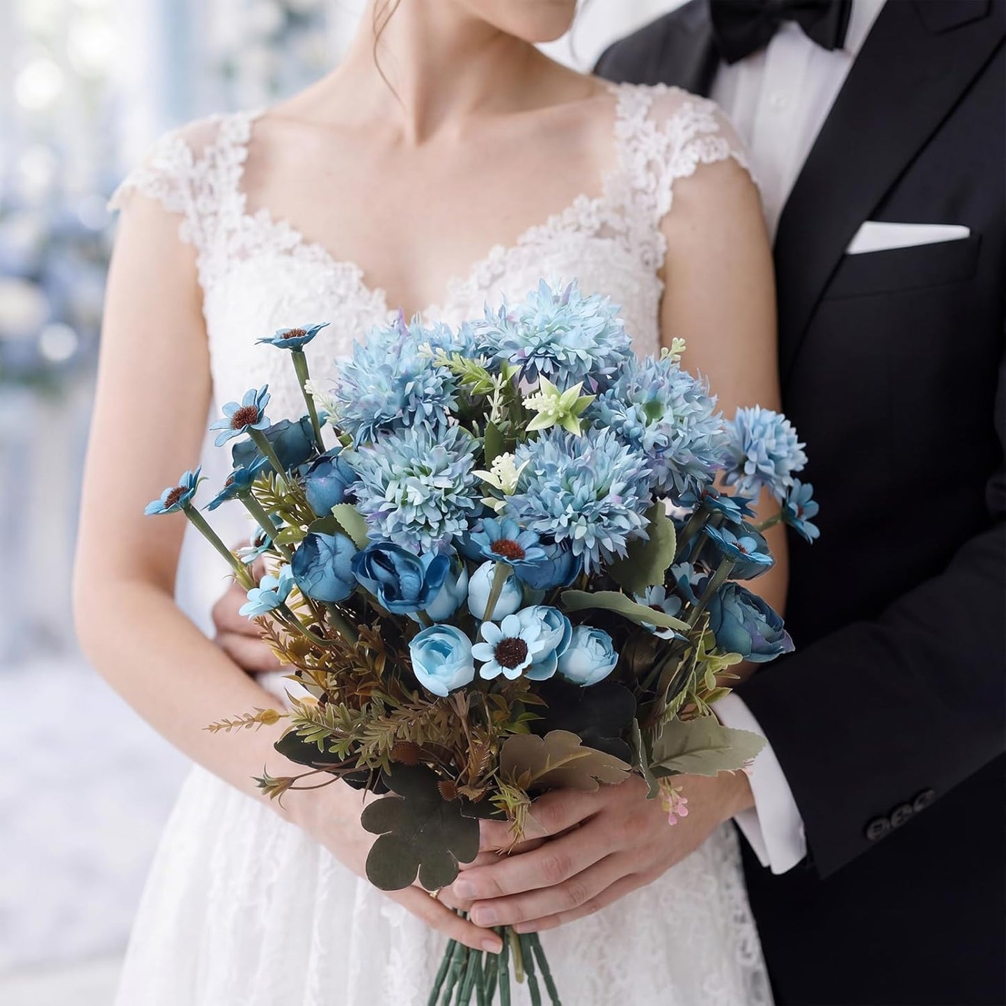 8 Pcs Gradient Blue Artificial Flowers Bouquet Peonies Silk Dahlia Faux Rose Fake Chamomile Hydrangea Floral Arrangements Bulk for Home Vase Wedding Party Table Centerpiece