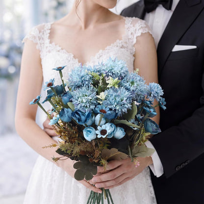 8 Pcs Gradient Blue Artificial Flowers Bouquet Peonies Silk Dahlia Faux Rose Fake Chamomile Hydrangea Floral Arrangements Bulk for Home Vase Wedding Party Table Centerpiece