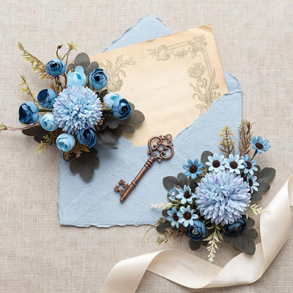 8 Pcs Gradient Blue Artificial Flowers Bouquet Peonies Silk Dahlia Faux Rose Fake Chamomile Hydrangea Floral Arrangements Bulk for Home Vase Wedding Party Table Centerpiece