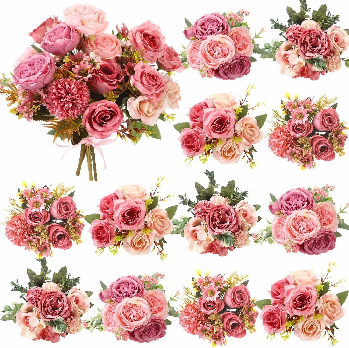 8 Pcs Gradient Blue Artificial Flowers Bouquet Peonies Silk Dahlia Faux Rose Fake Chamomile Hydrangea Floral Arrangements Bulk for Home Vase Wedding Party Table Centerpiece