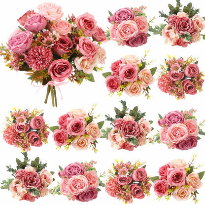 8 Pcs Gradient Blue Artificial Flowers Bouquet Peonies Silk Dahlia Faux Rose Fake Chamomile Hydrangea Floral Arrangements Bulk for Home Vase Wedding Party Table Centerpiece