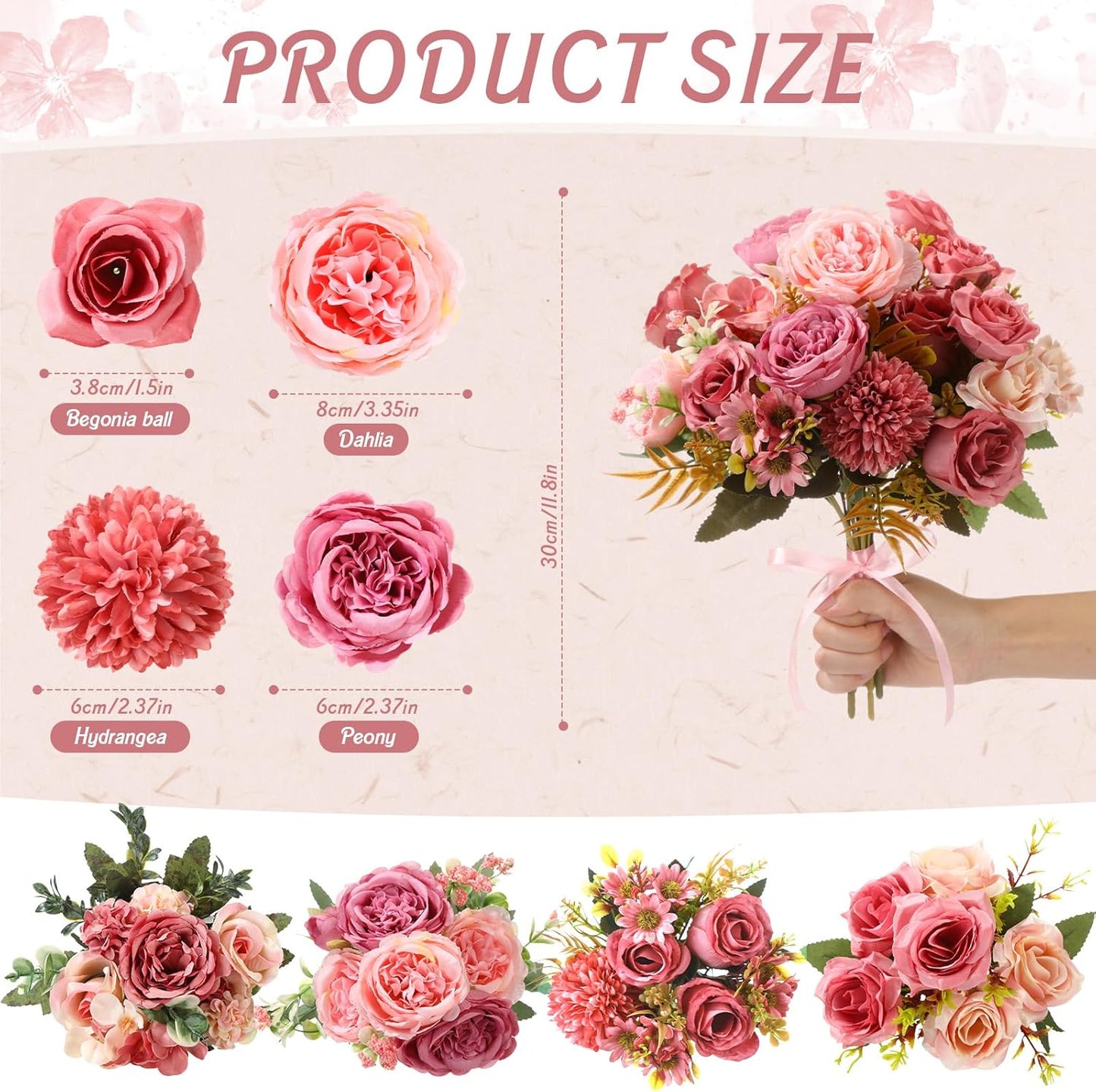 8 Pcs Gradient Blue Artificial Flowers Bouquet Peonies Silk Dahlia Faux Rose Fake Chamomile Hydrangea Floral Arrangements Bulk for Home Vase Wedding Party Table Centerpiece