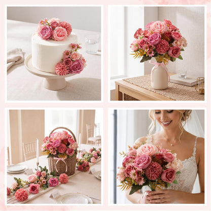 8 Pcs Gradient Blue Artificial Flowers Bouquet Peonies Silk Dahlia Faux Rose Fake Chamomile Hydrangea Floral Arrangements Bulk for Home Vase Wedding Party Table Centerpiece
