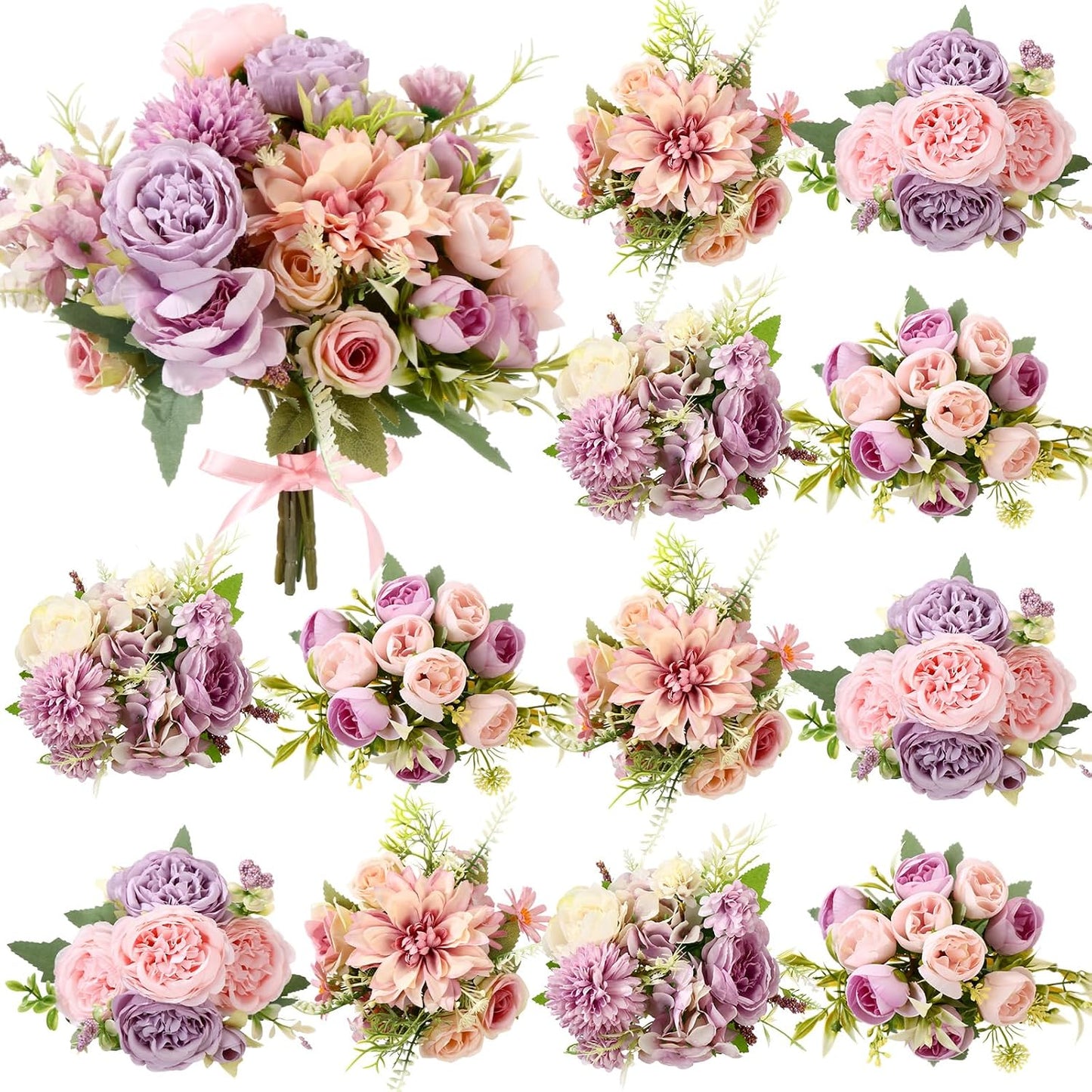 8 Pcs Gradient Blue Artificial Flowers Bouquet Peonies Silk Dahlia Faux Rose Fake Chamomile Hydrangea Floral Arrangements Bulk for Home Vase Wedding Party Table Centerpiece